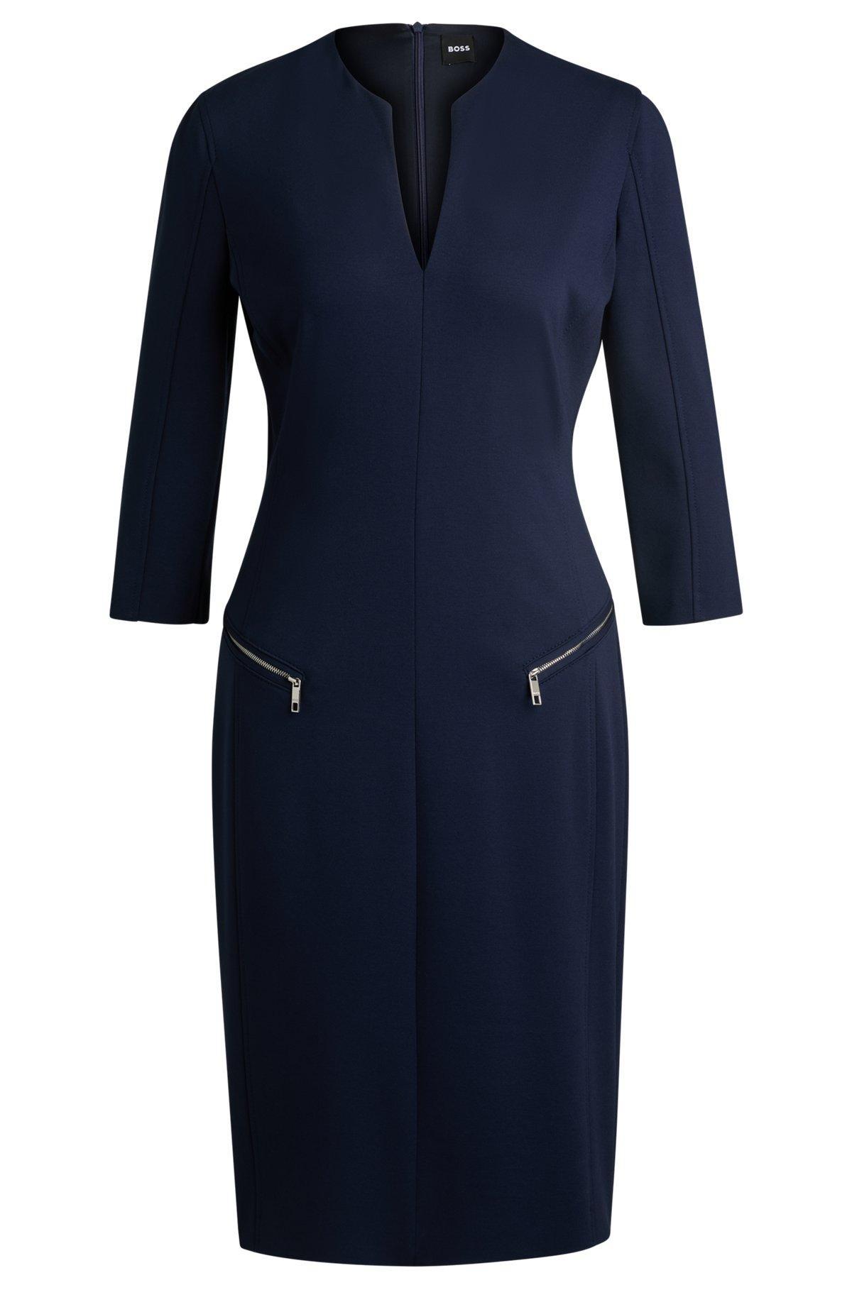 BOSS - V-neck dress with zipped pockets and cropped sleeves - Dark Blue Product Image