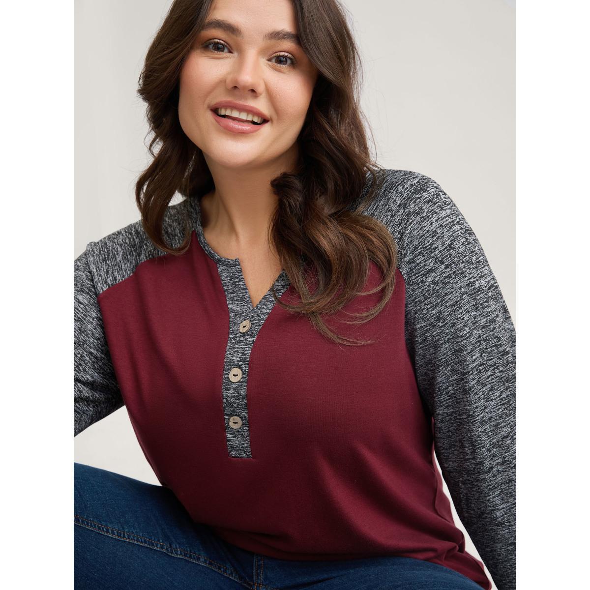 Plus Size Heather Patchwork Button Detail Stretchy T-Shirt Burgundy Women Casual Contrast Flat collar with V-notch Everyday T-shirts BloomChic 28/5X Product Image