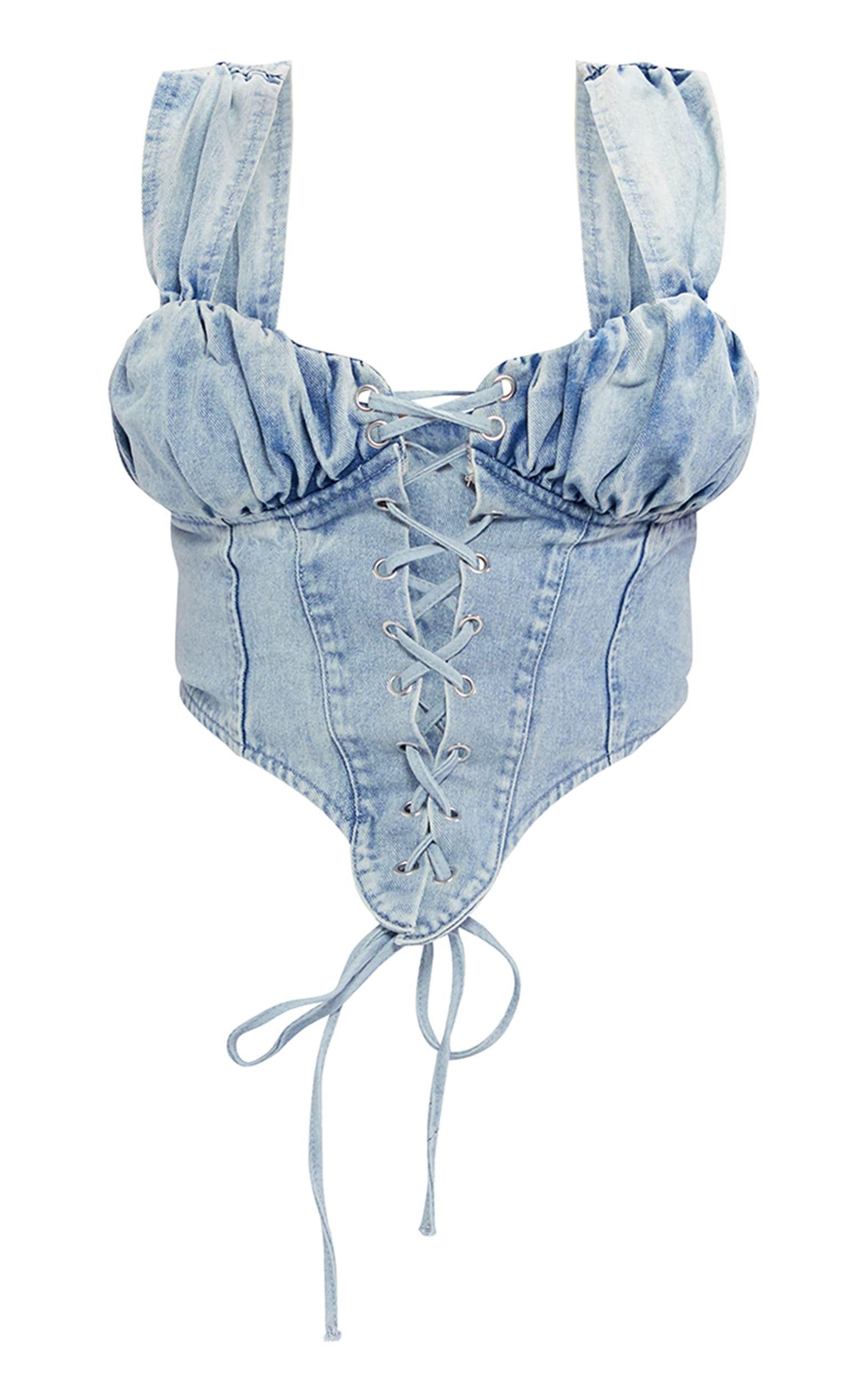 Plus Vintage Bleach Wash Ruched Bust Detail Denim Lace Up Corset Product Image