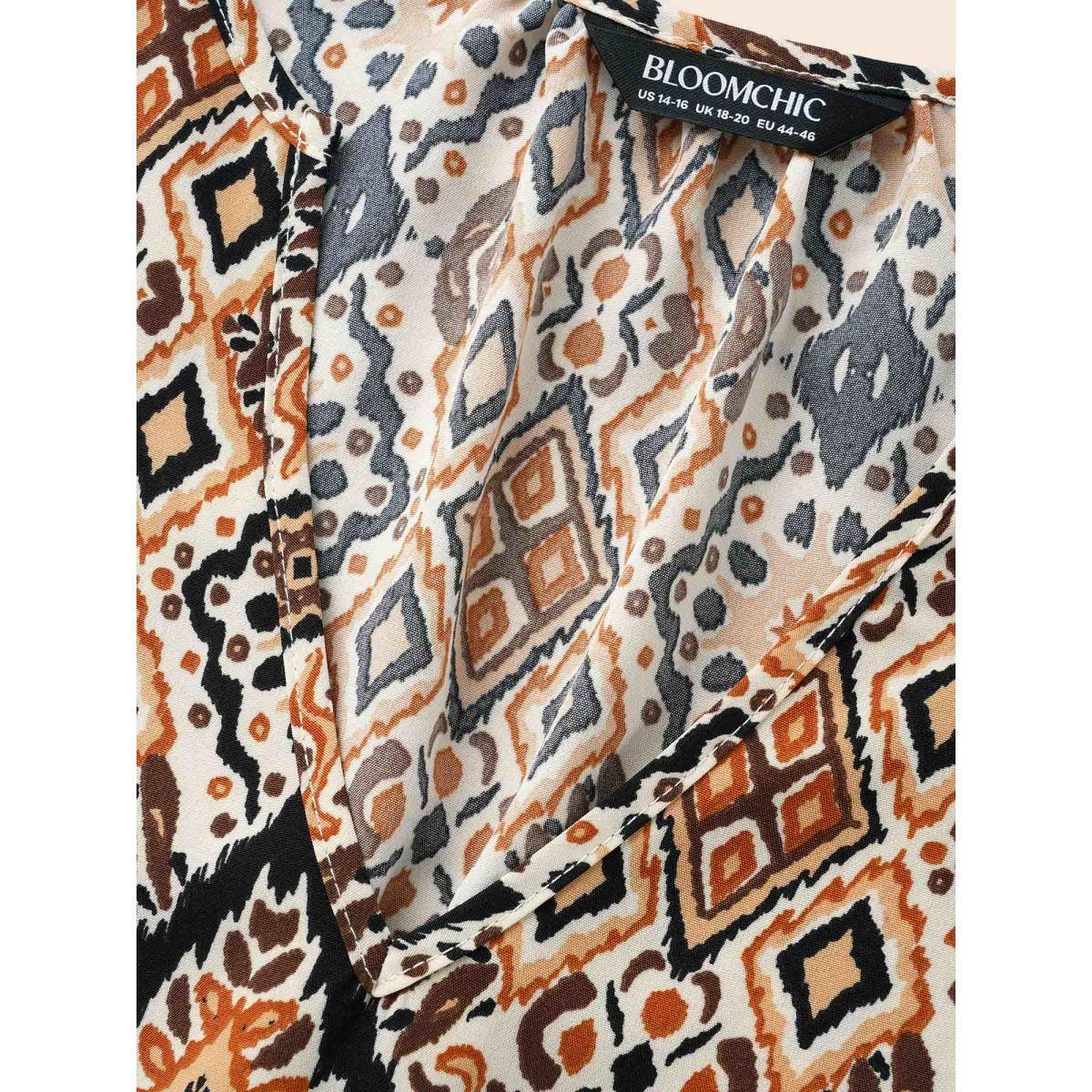 Plus Size Browncoffeecolor Bandana Geometric Pleated Lantern Sleeve Blouse Women Elegant Elbow-length sleeve V-neck Everyday Blouses BloomChic 10/M Product Image