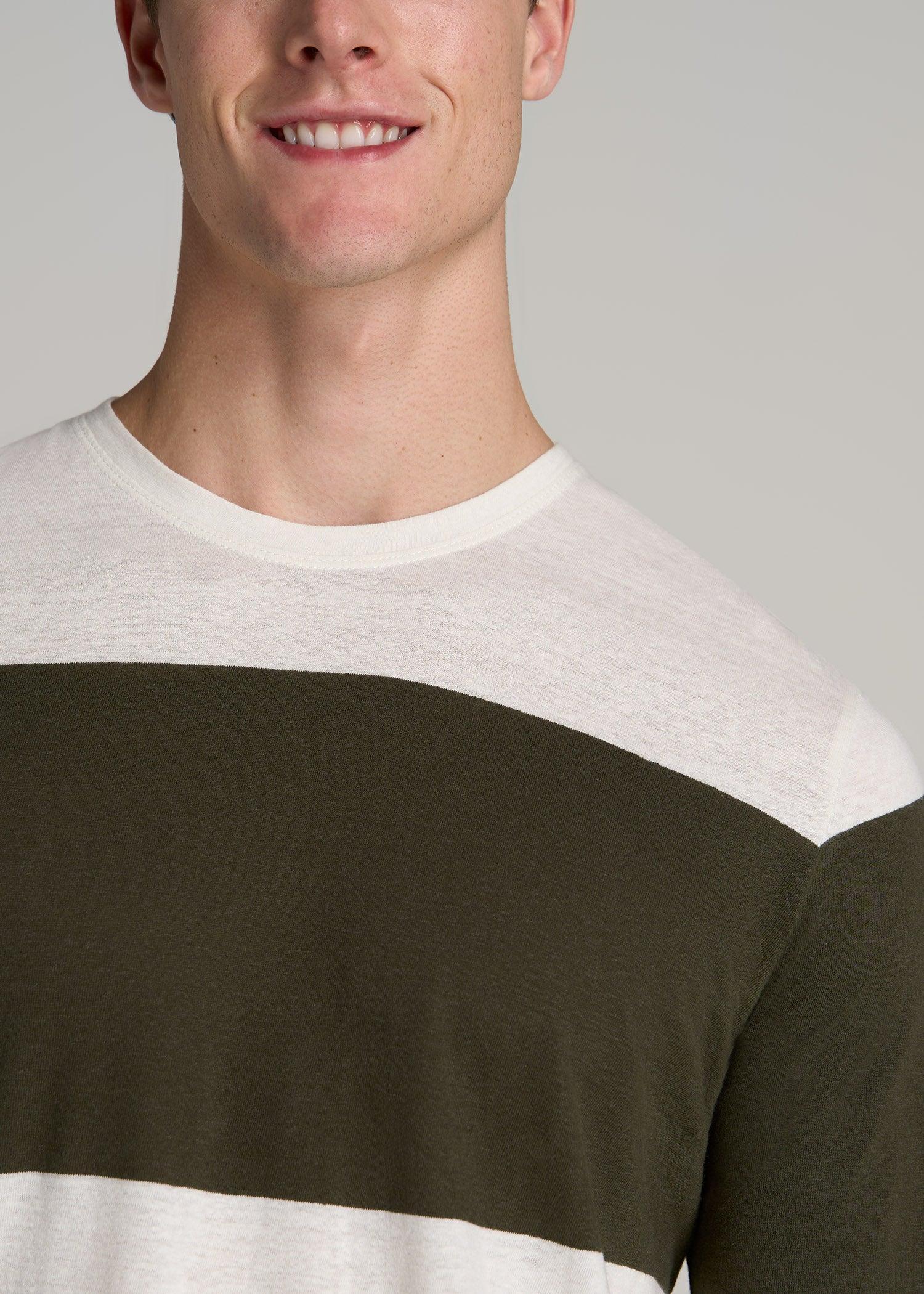 Linen Crewneck T-Shirt for Tall Men in Olive and Ecru Stripe Product Image