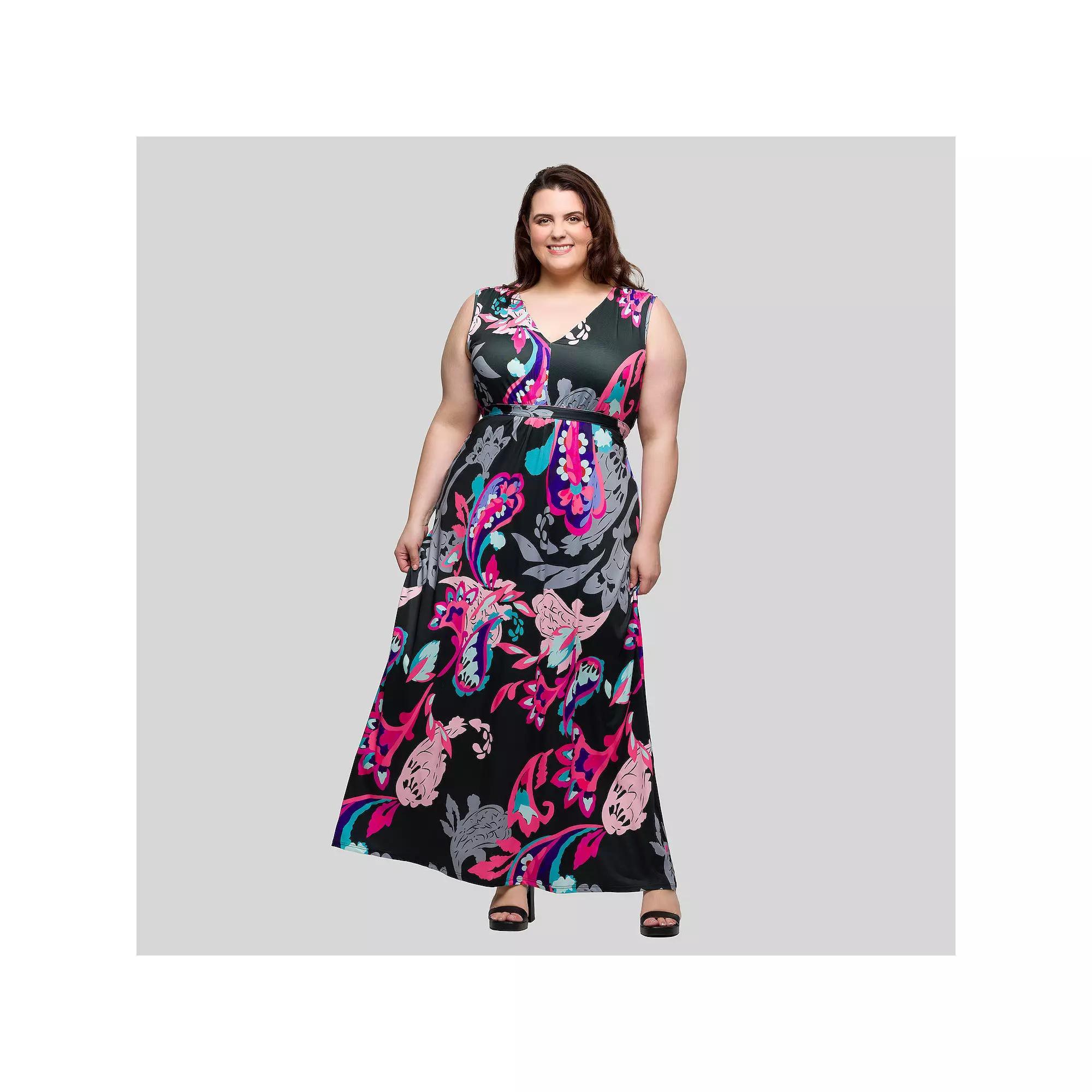 Plus Size 24Seven Comfort Apparel V-Neck Empire Waist Sleeveless Maxi Dress, Women's, Size: 1XL, Pink Team Product Image