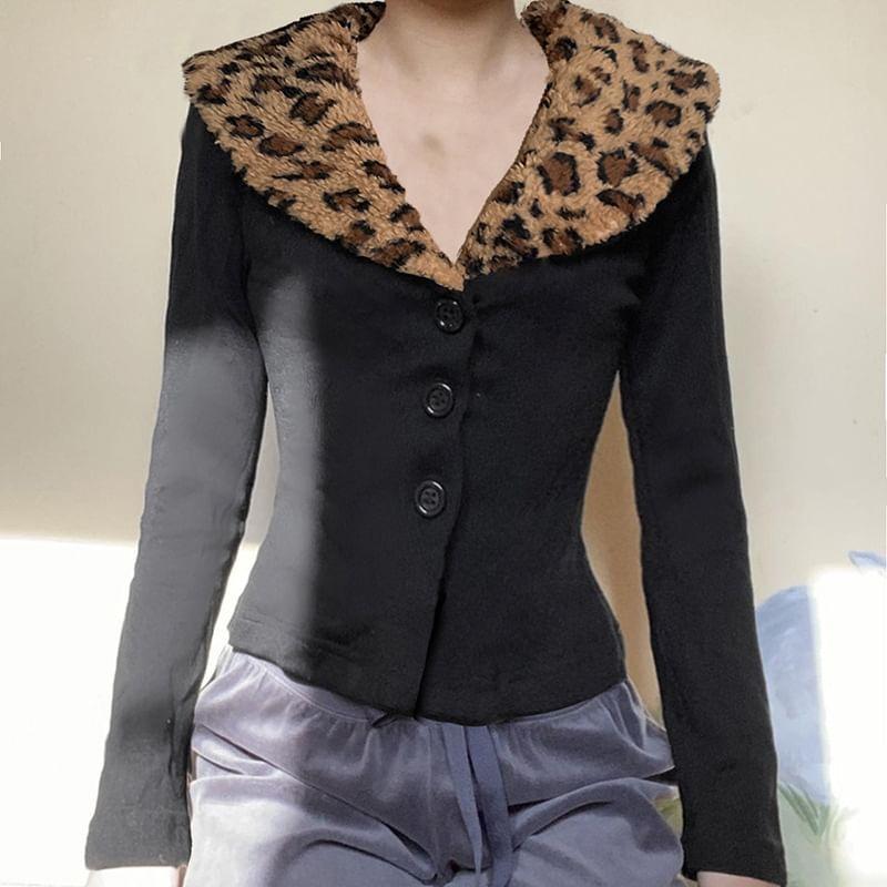 Long Sleeve Leopard Furry-Trim Button-Up Slim-Fit Crop Top Product Image