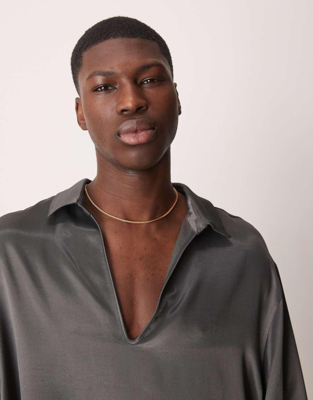 ASOS DESIGN long sleeve satin shirt with deep v in charcoal Product Image