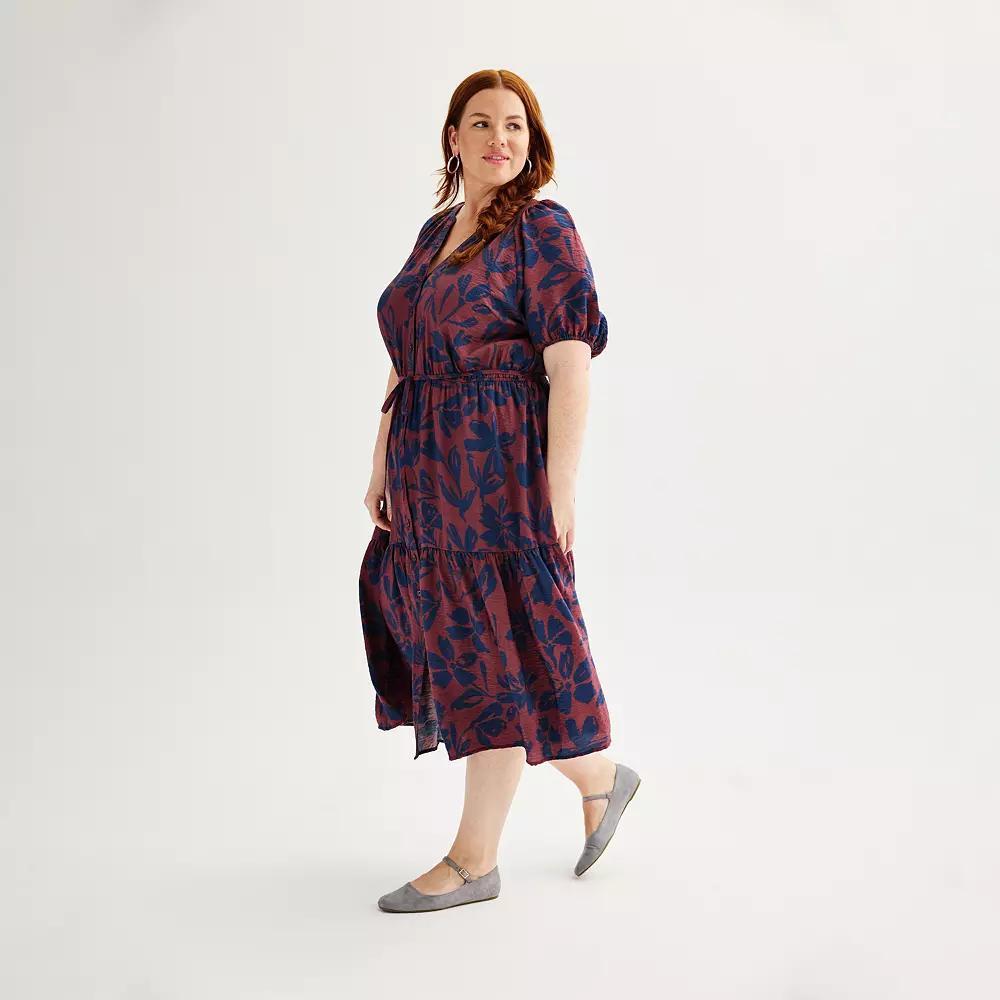 Plus Size Sonoma Goods For Life® Puff Sleeve V-Neck Tiered Midi Dress, Women's, Size: 1XL, Animal Print Product Image