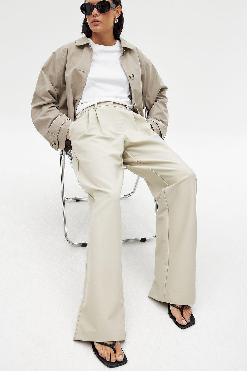 High Waist Pleated Wide Leg Pants Beige Product Image