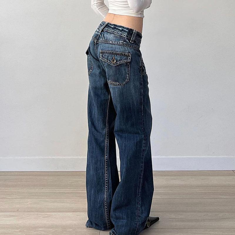 Low Waist Washed Straight-Fit Wide-Leg Jeans Product Image