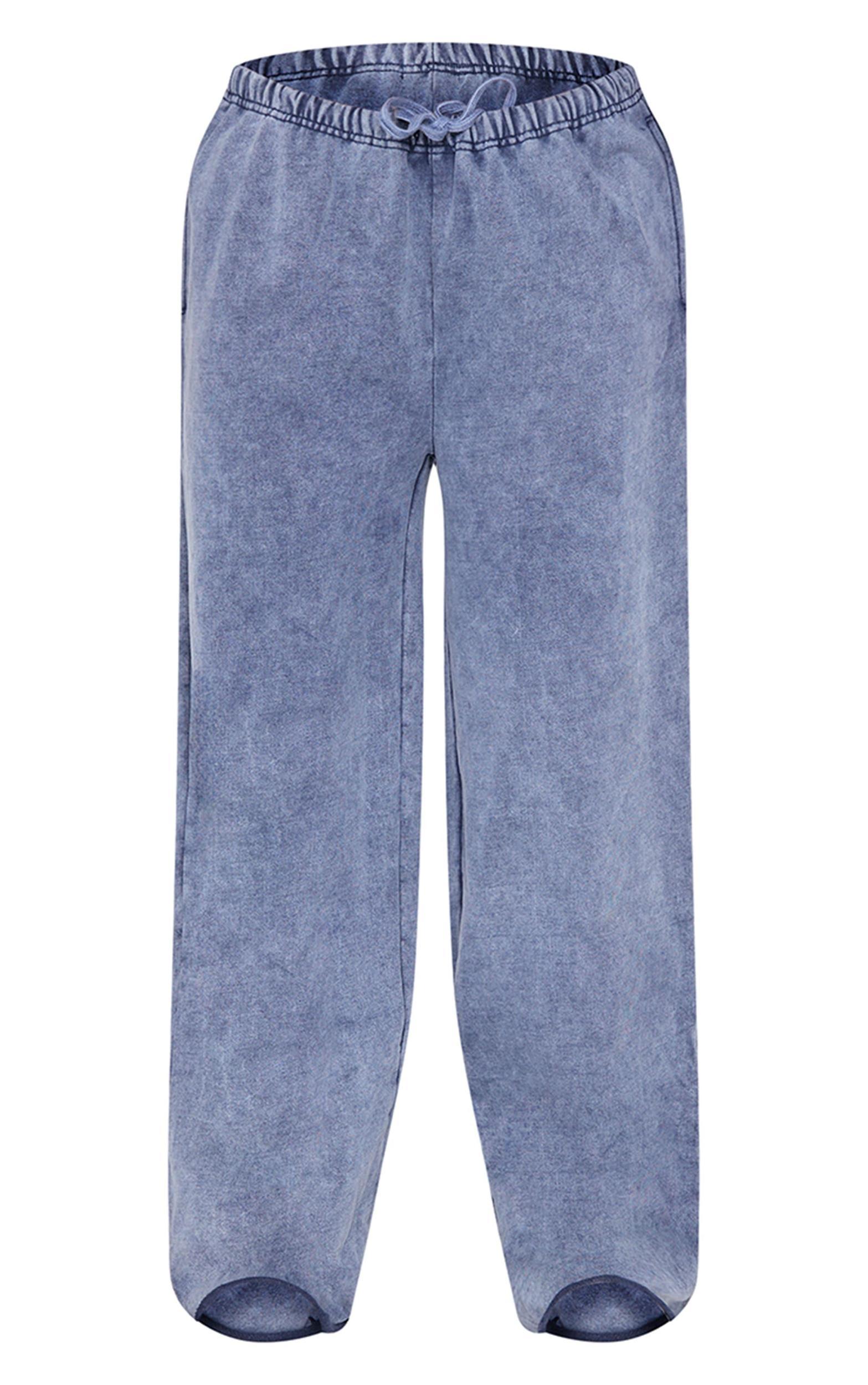  Blue Grey Washed Embossed Thin Waistband Wide Leg Sweatpants Product Image