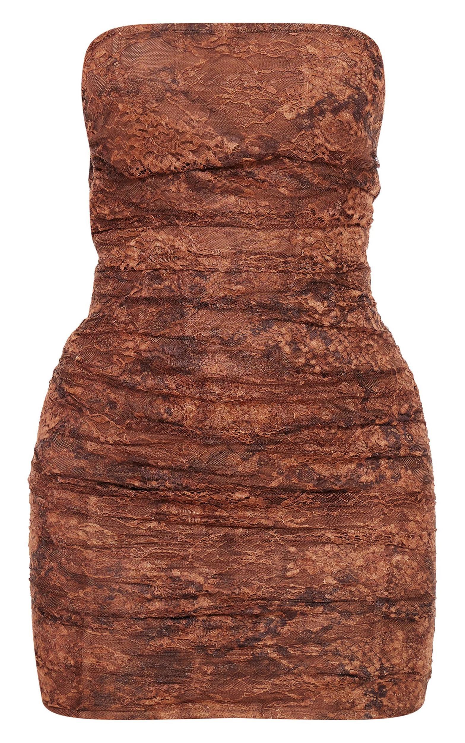 Chocolate Bandeau Lace Bodycon Dress Product Image
