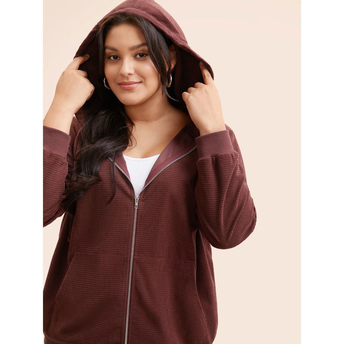 Plus Size Solid Corduroy Hooded Drawstring Sweatshirt Women Scarlet Casual Texture Hooded Everyday Sweatshirts BloomChic 22-24/3X Product Image