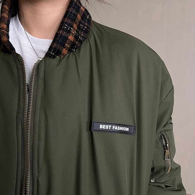 Plaid Panel Zip-Up Bomber Jacket Product Image