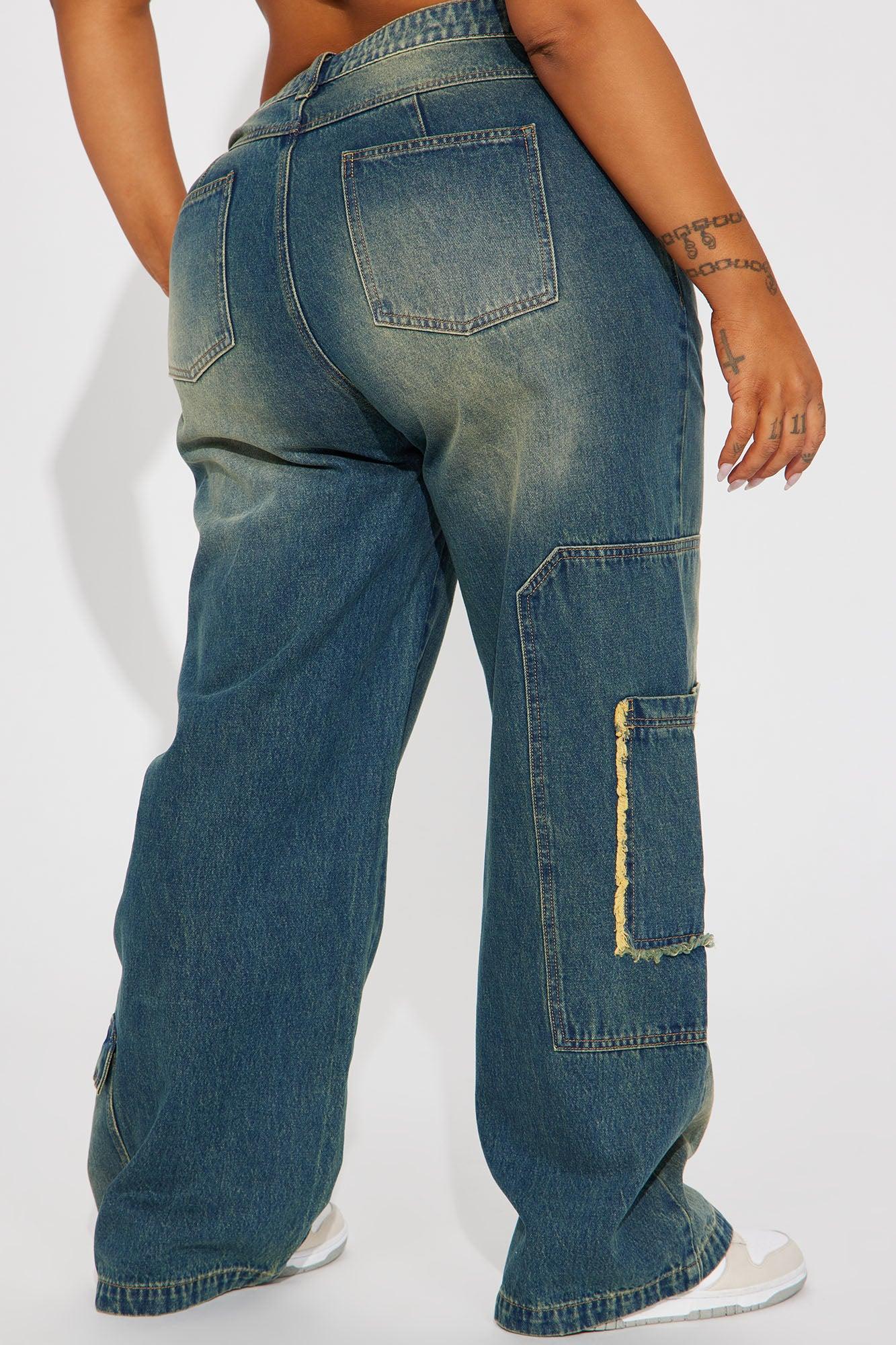 Wherever Whenever Non Stretch Tinted Wide Leg Cargo Jean - Dark Wash Product Image