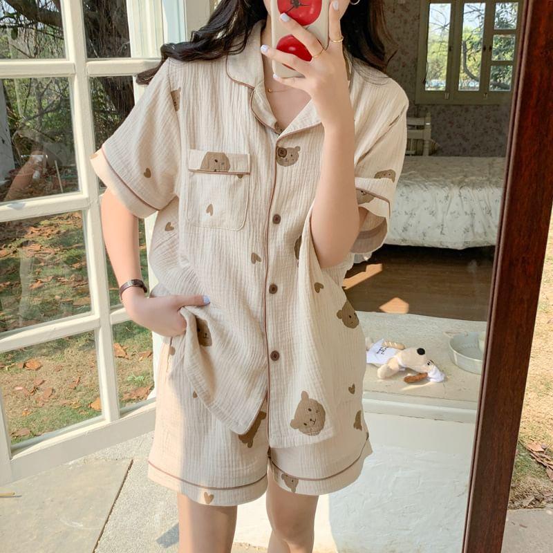 Couple Matching Pajama Set: Short-Sleeve Bear Print Shirt + Shorts Product Image