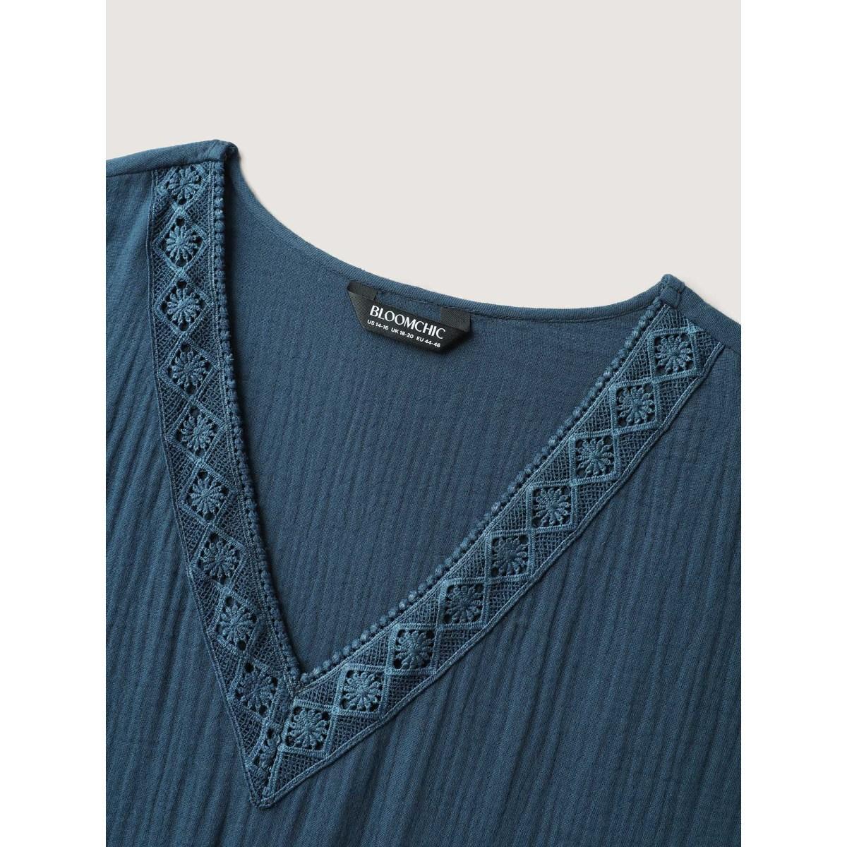 Plus Size Pure Cotton Lace V-Neck Solid Midi Dress Aegean Women Woven ribbon&lace trim V-neck Short sleeve Curvy BloomChic 22-24/3X Product Image