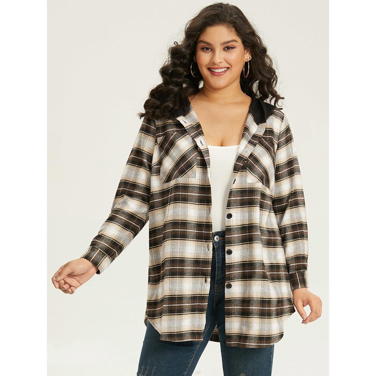 Plus Size Plaid Button Up Hooded Patchwork Shacket Women DarkBrown Contrast Pocket Everyday Jackets BloomChic 22-24/3X Product Image