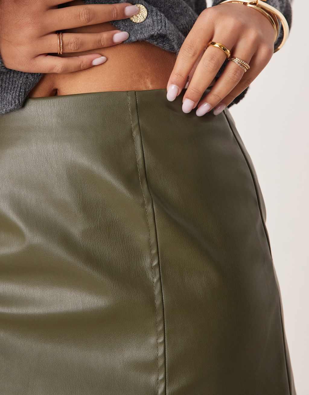 Miss Selfridge PU mini skirt in khaki Product Image