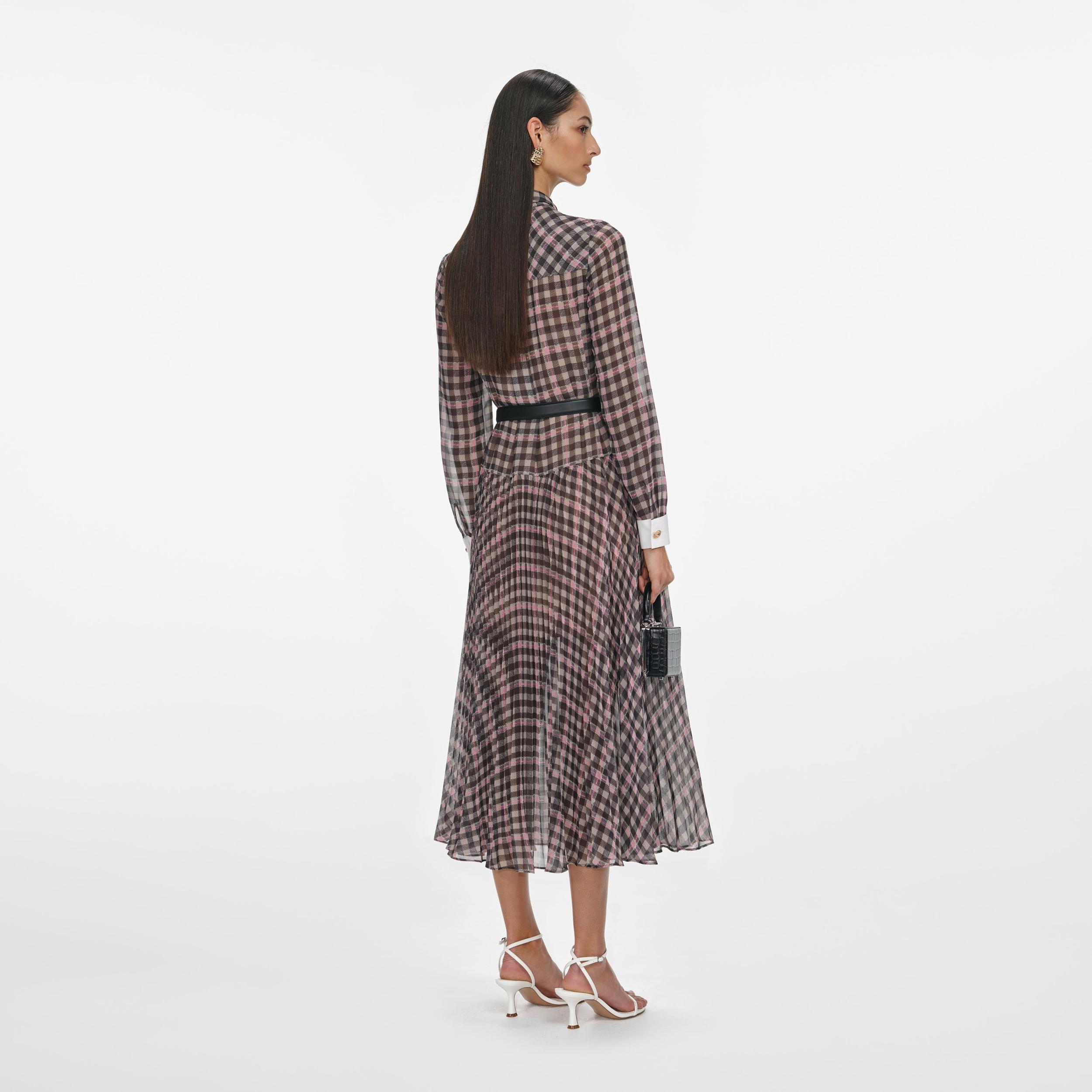 Brown Check Chiffon Midi Dress Product Image