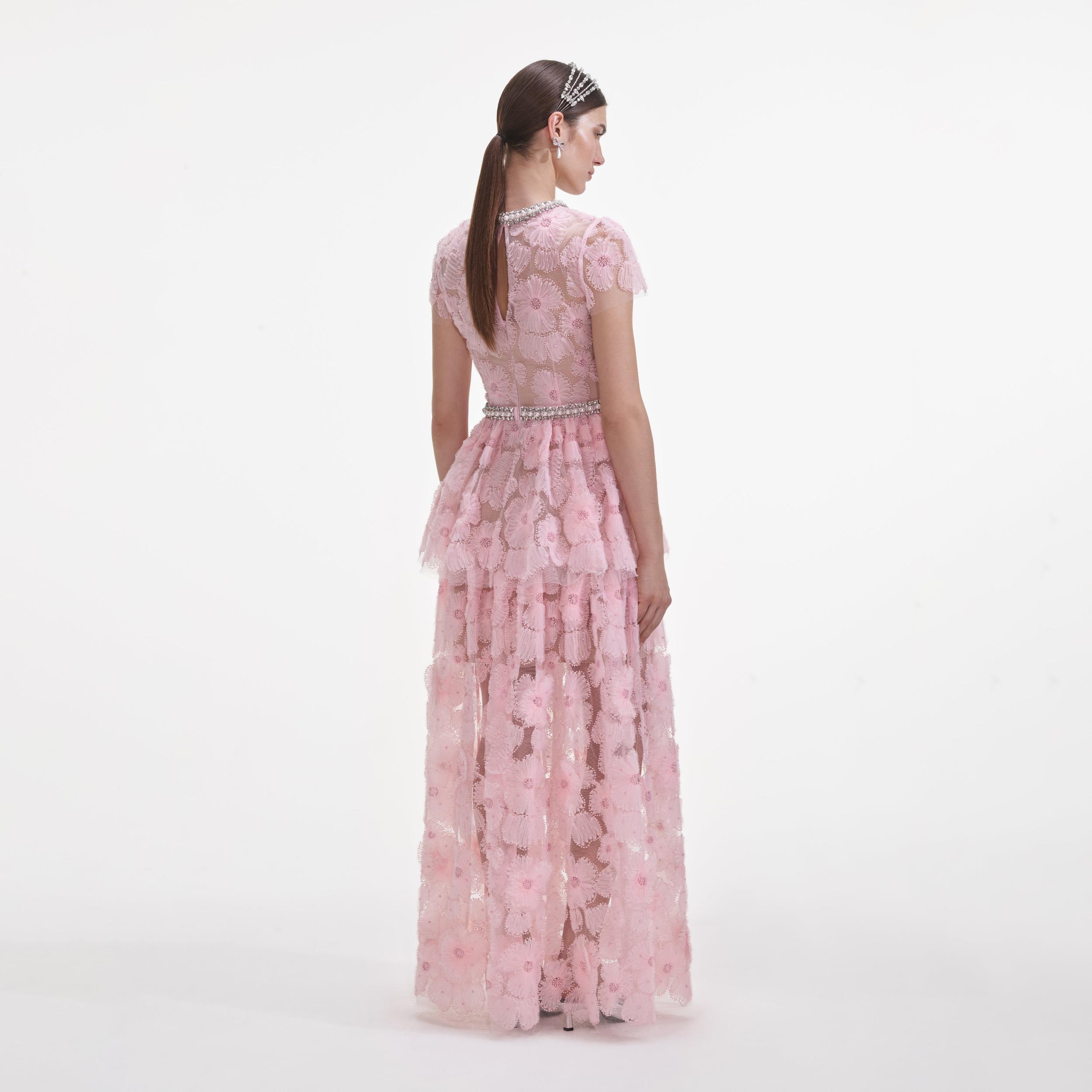 Pink Embellished Tulle Maxi Dress Product Image