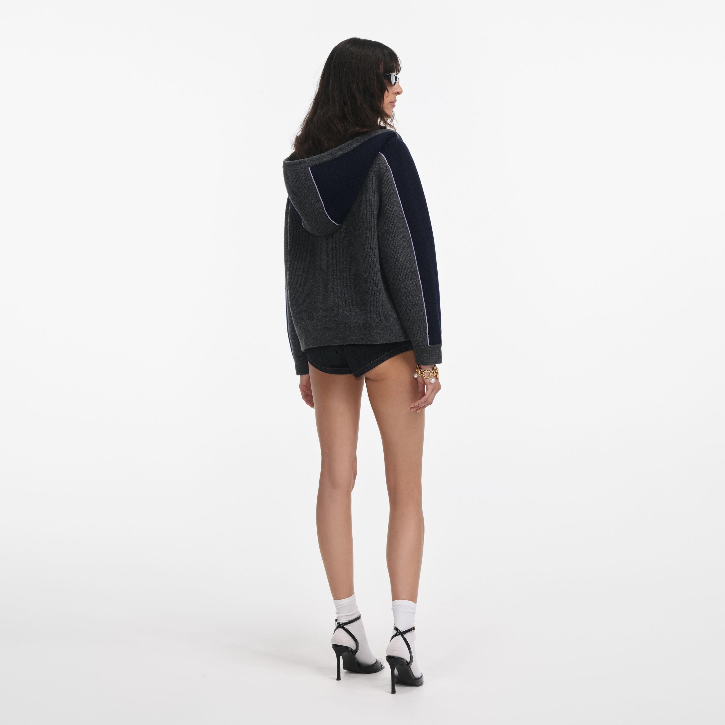 Grey Ribbed Knit Hoodie Product Image