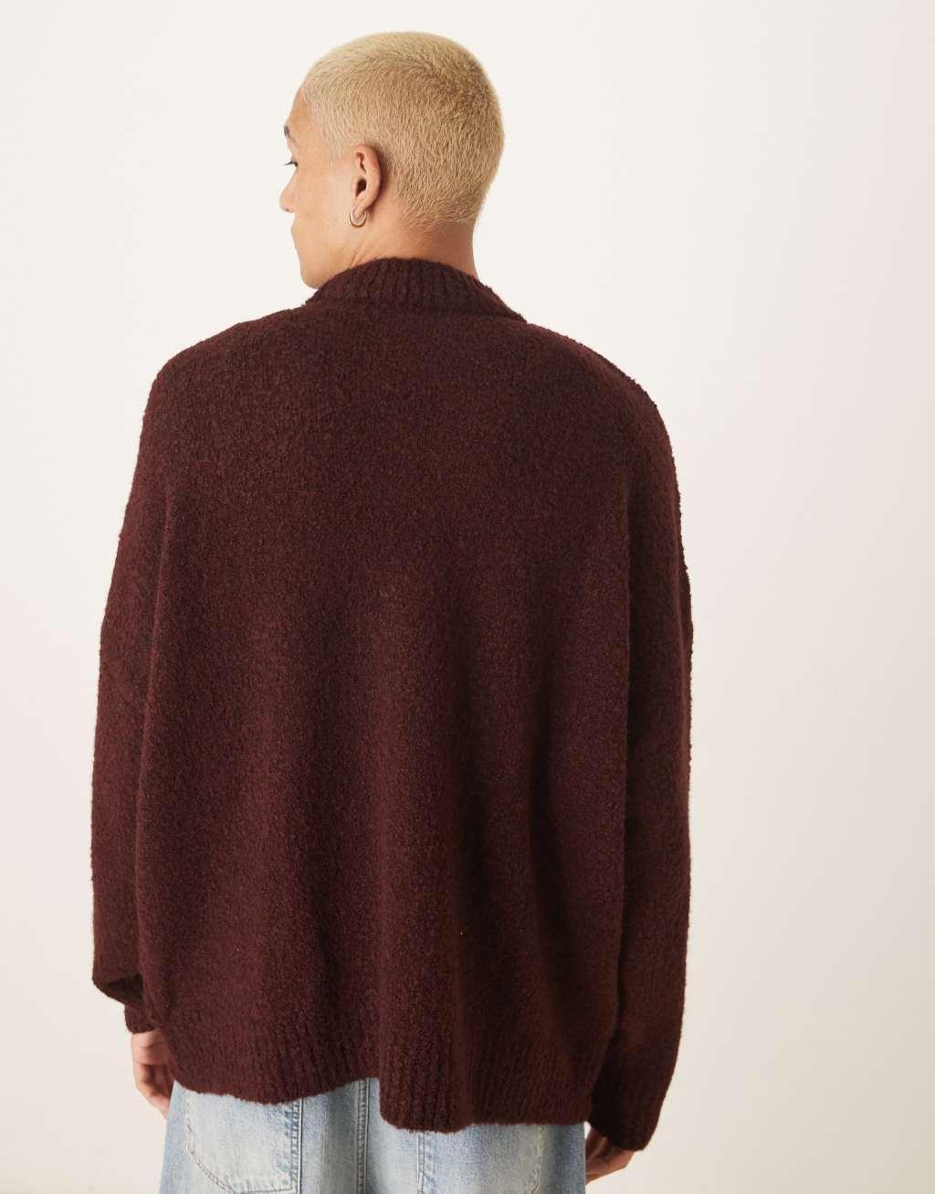 ASOS DESIGN super oversized boxy fit textured knit funnel neck sweater in burgundy Product Image