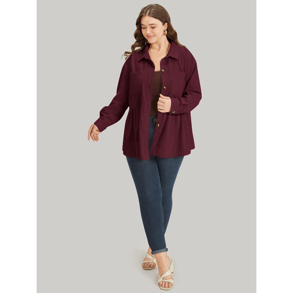 Plus Size Plain Shirt Collar Button Through Ruffle Hem Pocket Coat Women ArmyGreen Button Pocket Dailywear Jackets BloomChic 18-20/2X Product Image