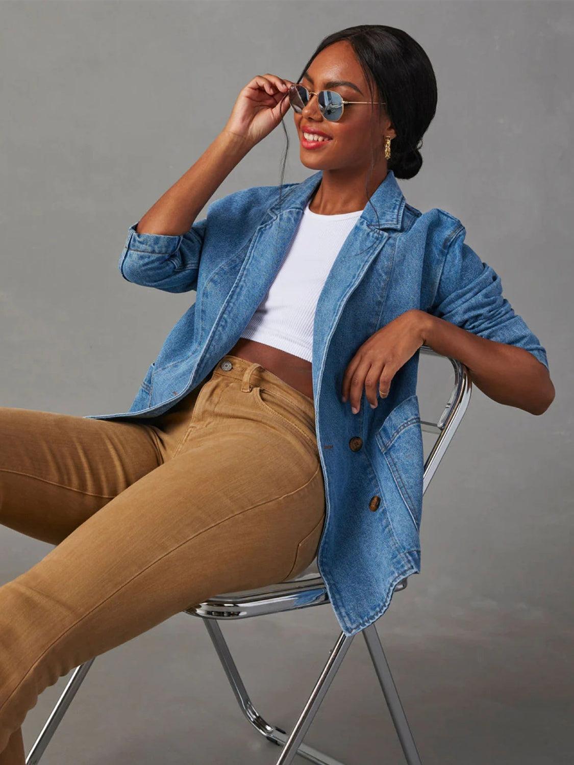 Collared Neck Long Sleeve Denim Jacket Product Image