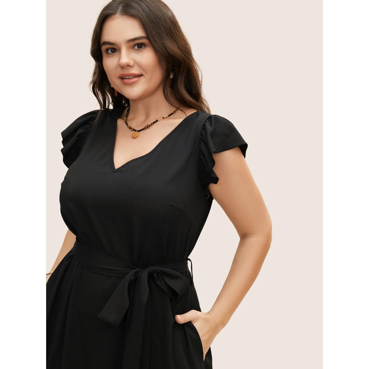 Plus Size Solid Backless Tassel Trim Tie Knot Dress Black Women Resort Tassels V-neck Cap Sleeve Curvy BloomChic 14-16/1X Product Image