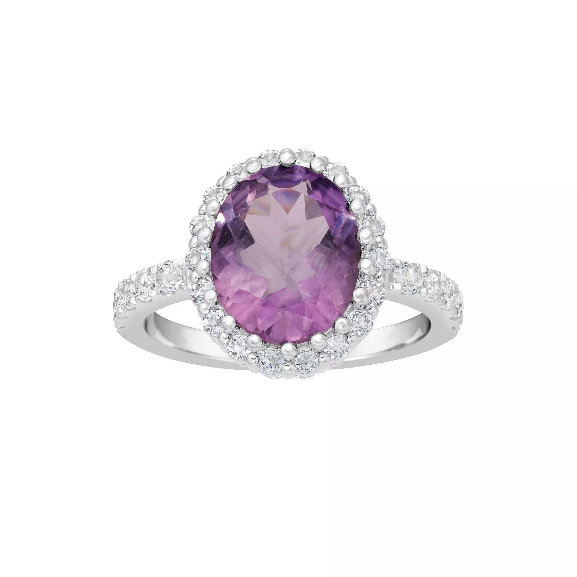 Gemminded Sterling Silver Amethyst & White Topaz Halo Ring, Women's, Size: 7 Product Image