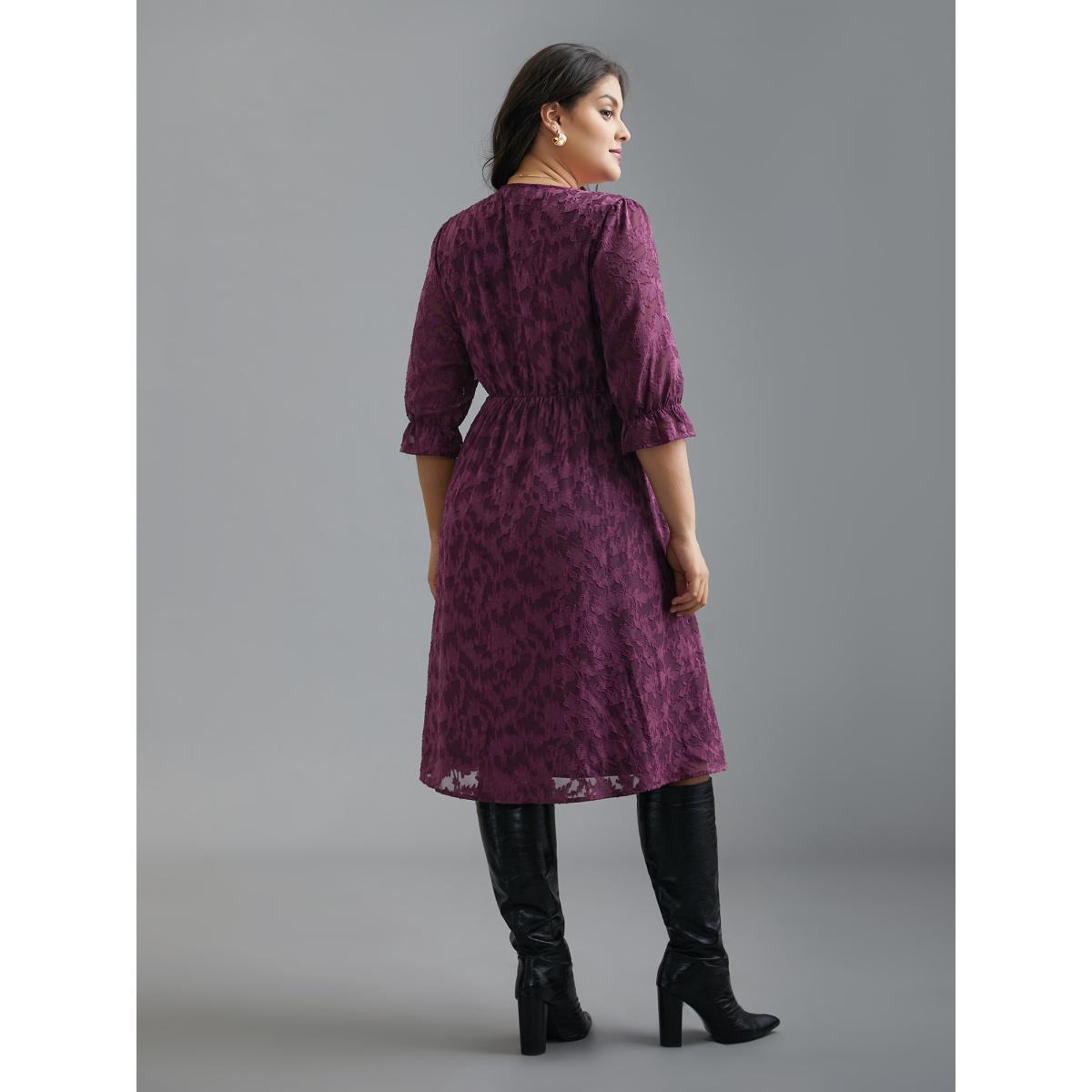 Plus Size V Neck Burn-out Fabric Midi Dress Deeppurplered Women Elegant Texture V-neck Elbow-length sleeve Curvy BloomChic 12/L Product Image
