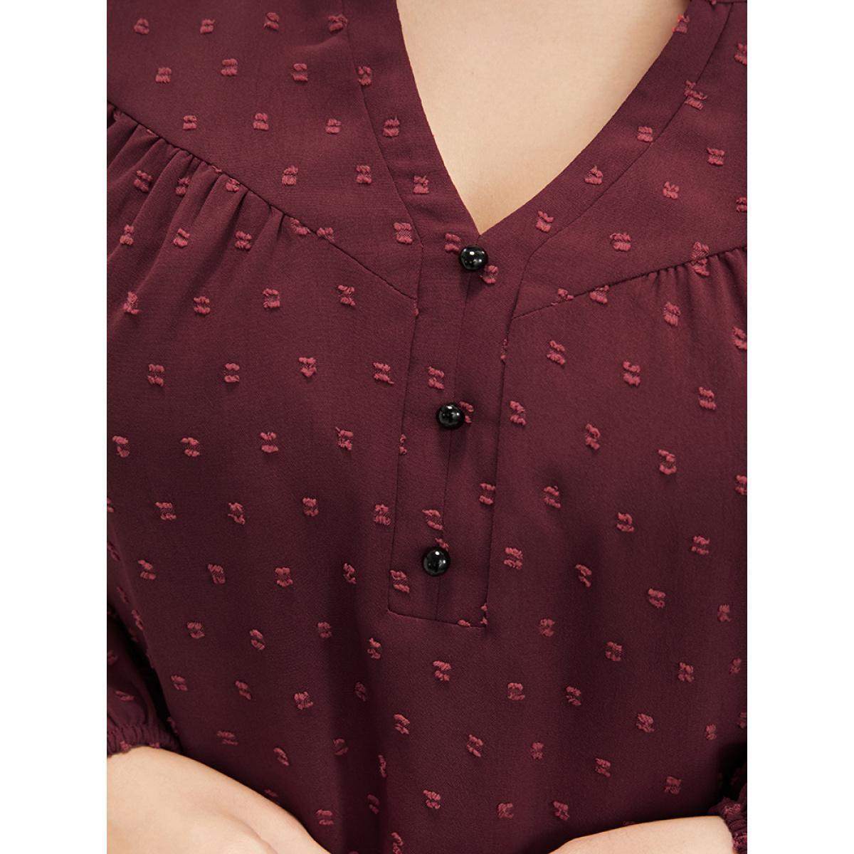 Plus Size Burgundy Polka Dot Button Detail Lantern Sleeve Arc Hem Blouse Women Office Long Sleeve V-neck Work Blouses BloomChic 18-20/2X Product Image