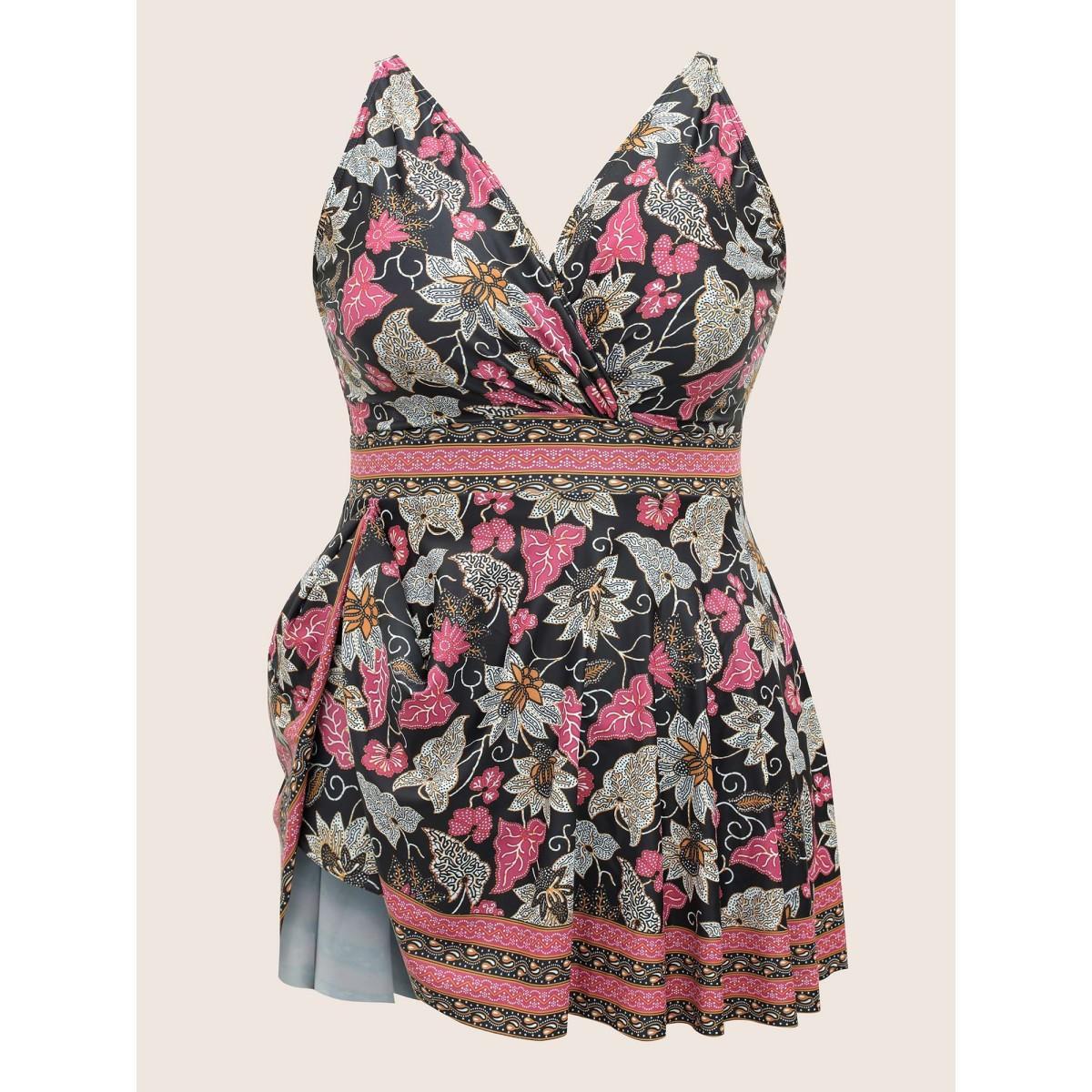 Plus Size Bandana Print Overlap Collar Swim Dress Women's Swimwear Black Beach Bodycon V-neck High stretch Curve Swim Dresses BloomChic 26/4X Product Image