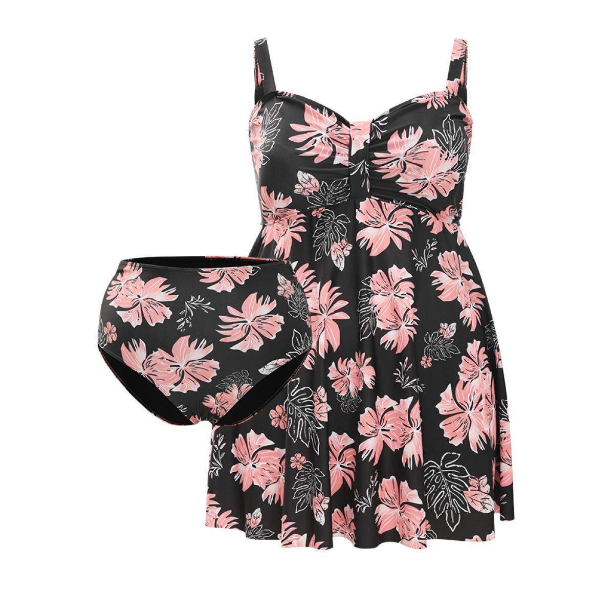 Plus Size Floral Print Gathered Adjustable Straps Swim Dress Women's Swimwear BlackFlower Vacation Bodycon Spaghetti Strap High stretch Curve Swim Dresses BloomChic 14-16/1X Product Image