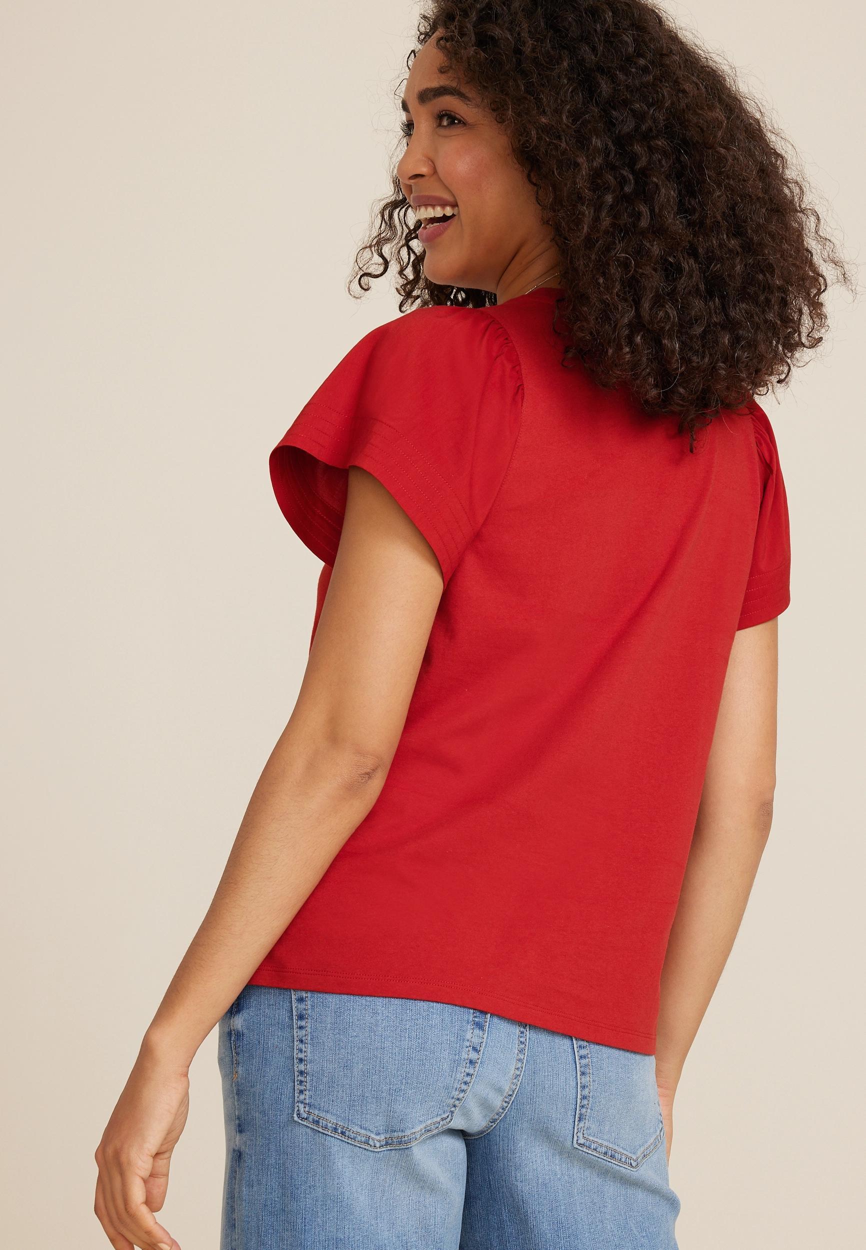 Maurices Womens X Small Size Woven Flutter Sleeve Tee Beige Product Image