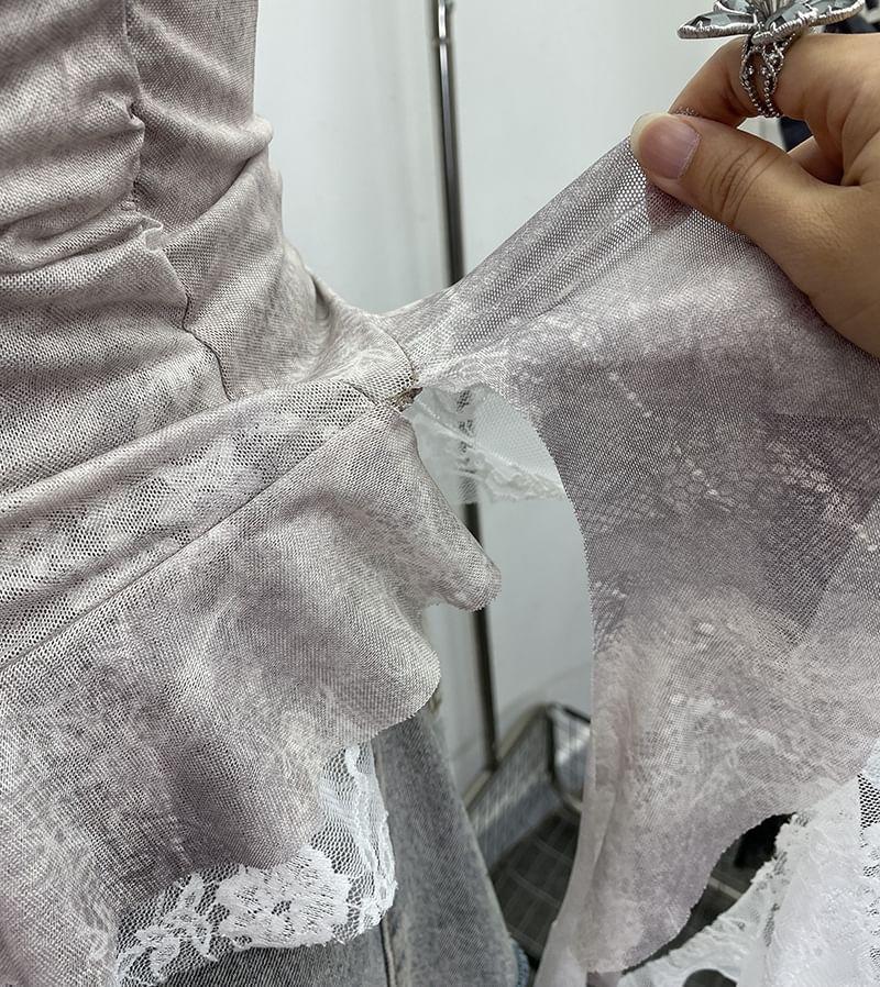 Asymmetrical Ruffle Trim Lace Panel Mesh Slim Fit Camisole Top Product Image