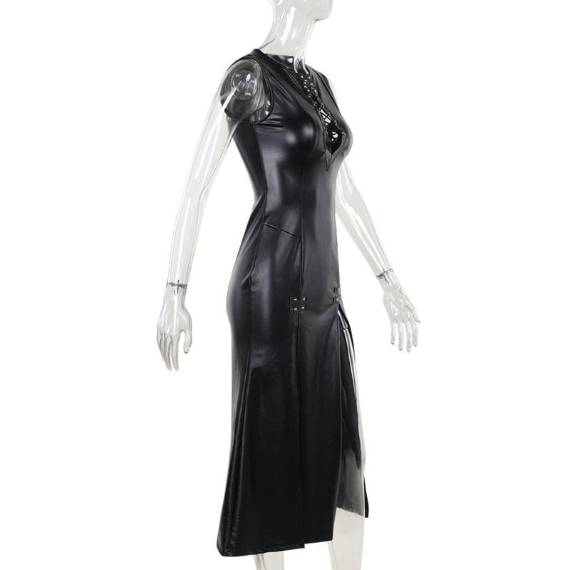 Sleeveless Slit Hem Cutout Midi A-Line Dress Product Image