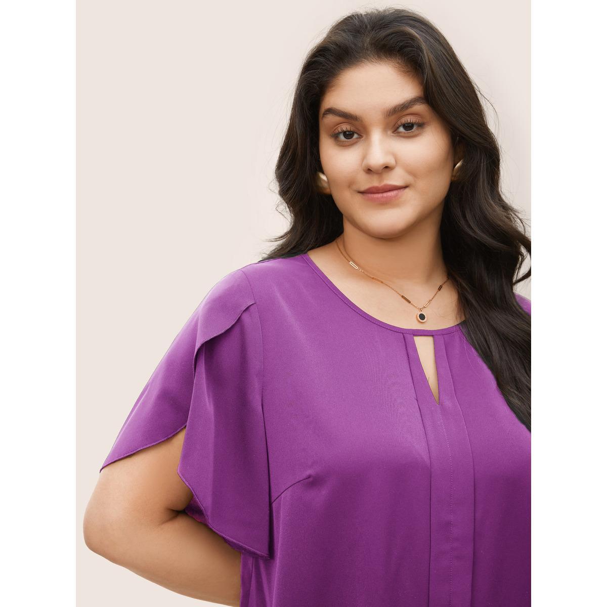Plus Size Purple Solid Keyhole Petal Sleeve Pleated Blouse Women Work From Home Short sleeve Notched collar Work Blouses BloomChic 26/4X Product Image