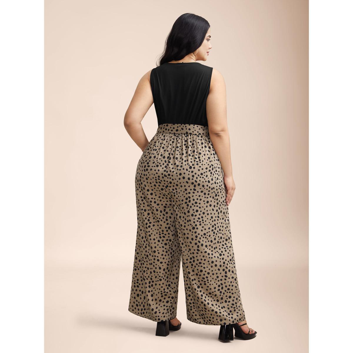 Plus Size LightBrown Spliced Belted Pockets Contrast Jumpsuit Women Elegant Sleeveless Overlap Collar Everyday-Elegant Loose Jumpsuits BloomChic 30/6X Product Image