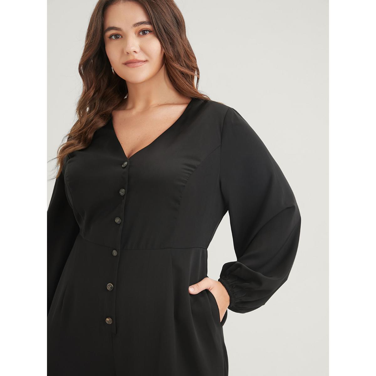 Plus Size Black Solid Button Front Lantern Sleeve Pocket Wide Leg Jumpsuit Women Office Long Sleeve V-neck Work Loose Jumpsuits BloomChic 26/4X Product Image