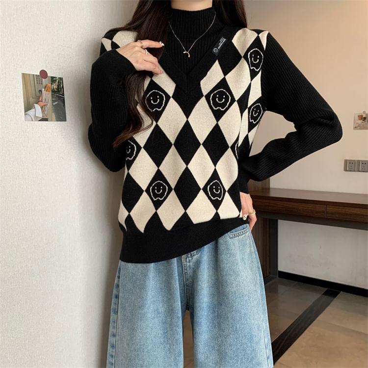Long-Sleeve Mock Neck Mock Two-Piece Smiley Face Print Panel Knit Top Product Image