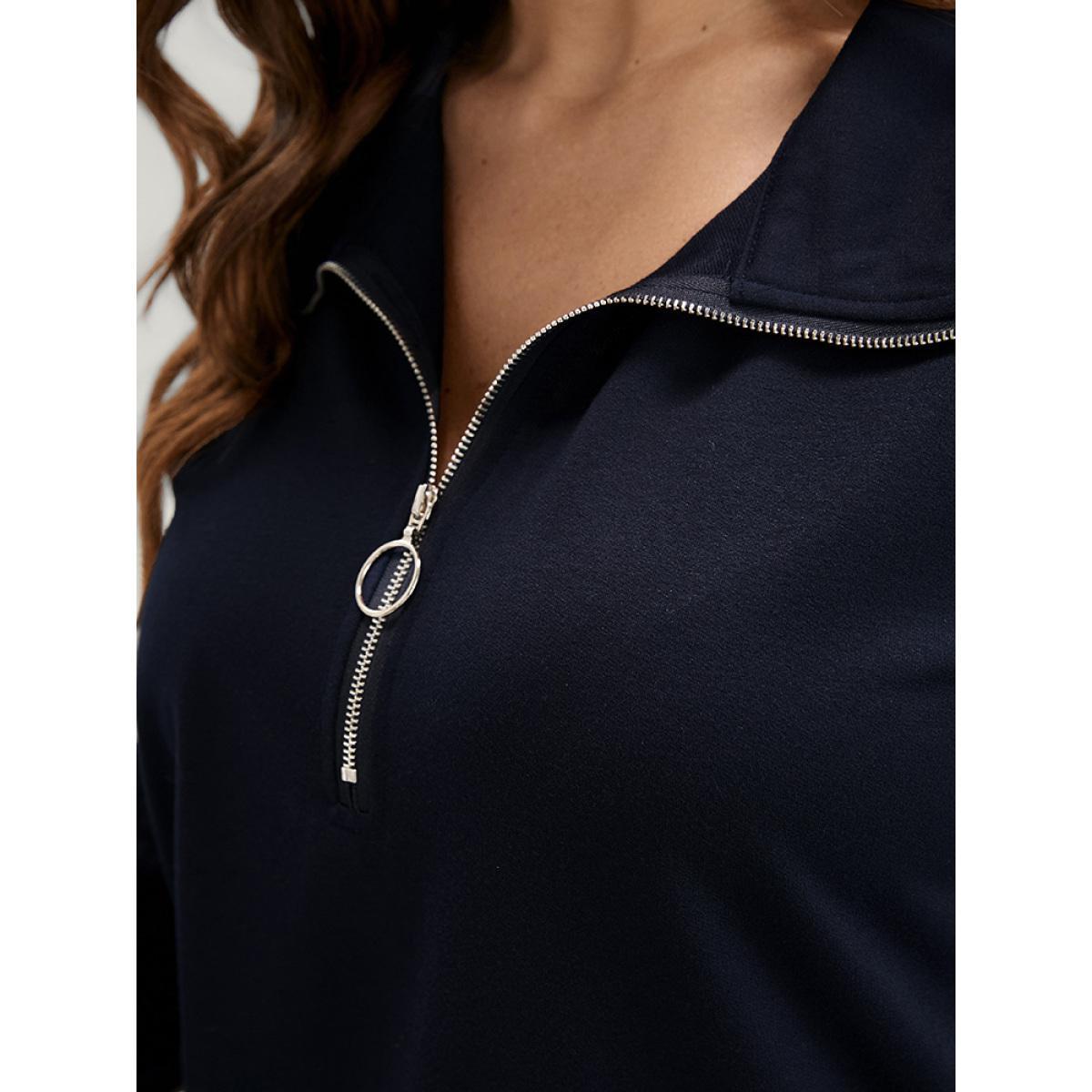 Plus Size Solid Drop Shoulder Zipper Lapel Collar Sweatshirt Women DarkBlue Casual Plain Lapel Collar Dailywear Sweatshirts BloomChic 18-20/2X Product Image