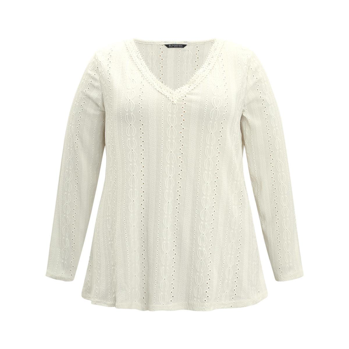Plus Size Lace Patchwork V Neck Broderie Anglaise T-shirt Ivory Women Elegant Texture Plain V-neck Dailywear T-shirts BloomChic 30/6X Product Image