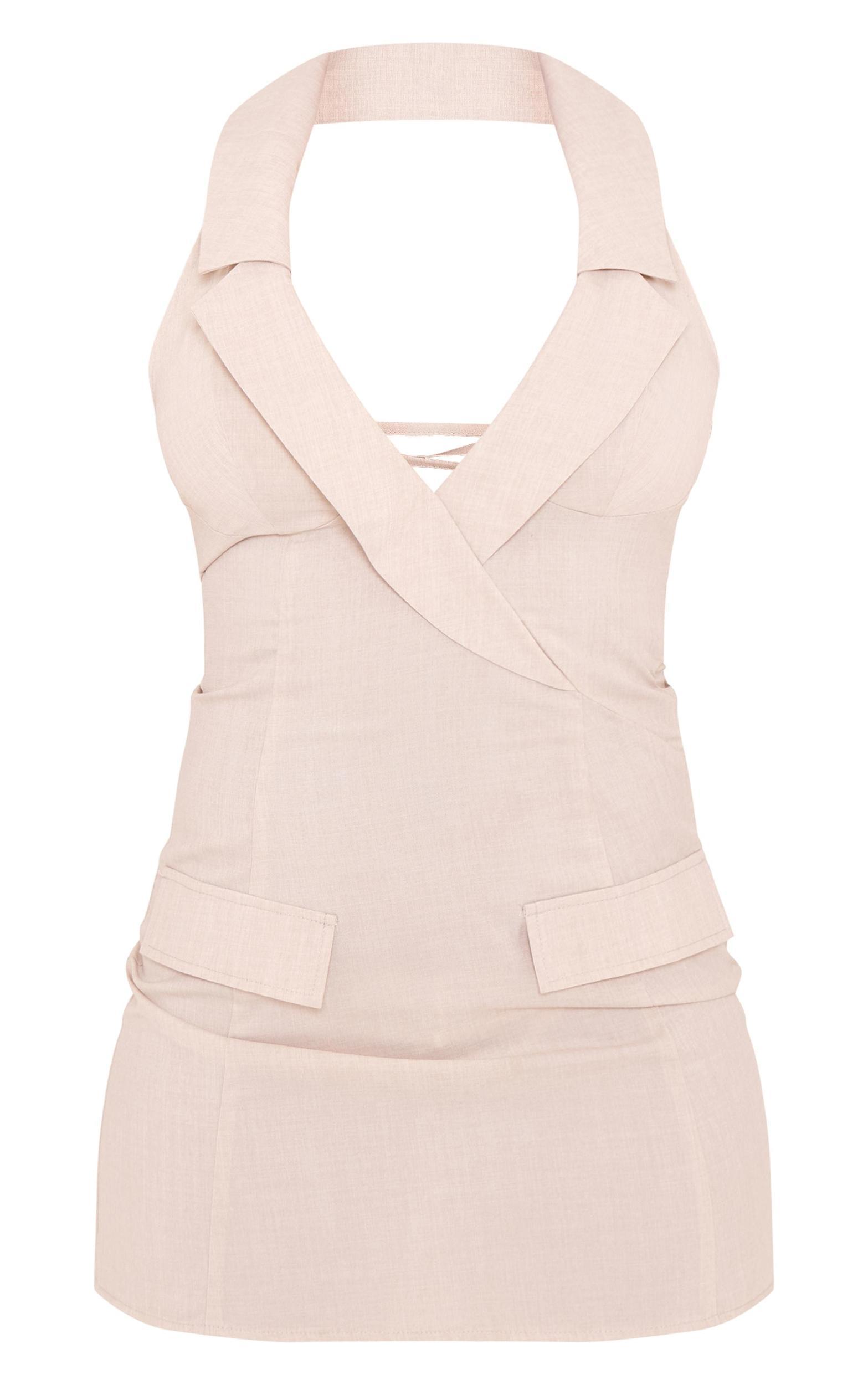 Stone Woven Halter Neck Pocket Detail Mini Dress Product Image