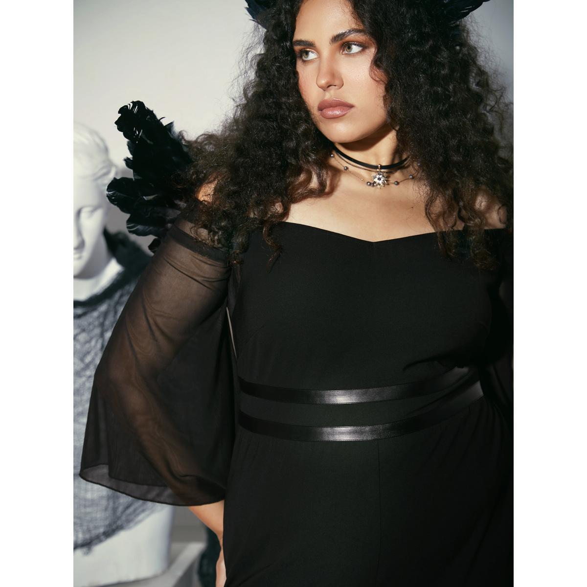 Plus Size Black Wicked Witch Leather Belt Off-Shoulder Jumpsuit Women Cocktail Extra Long Sleeve One-shoulder neck Party Loose Jumpsuits BloomChic 10/M Product Image