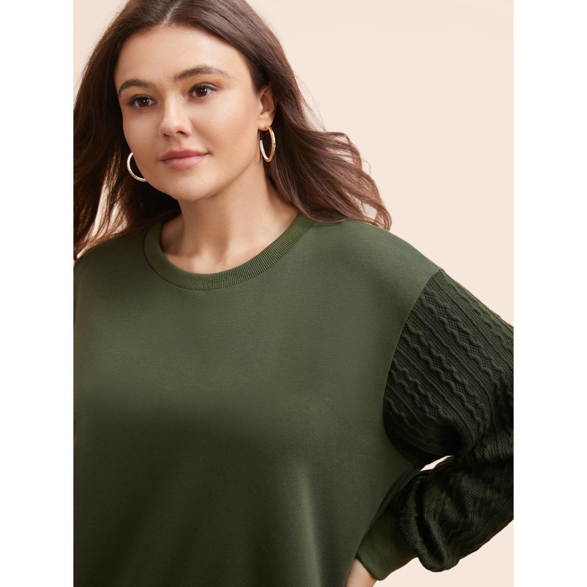 Plus Size Texture Patchwork Drop Shoulder Sleeve Sweatshirt Women DarkGreen Casual Texture Round Neck Everyday Sweatshirts BloomChic 14-16/1X Product Image