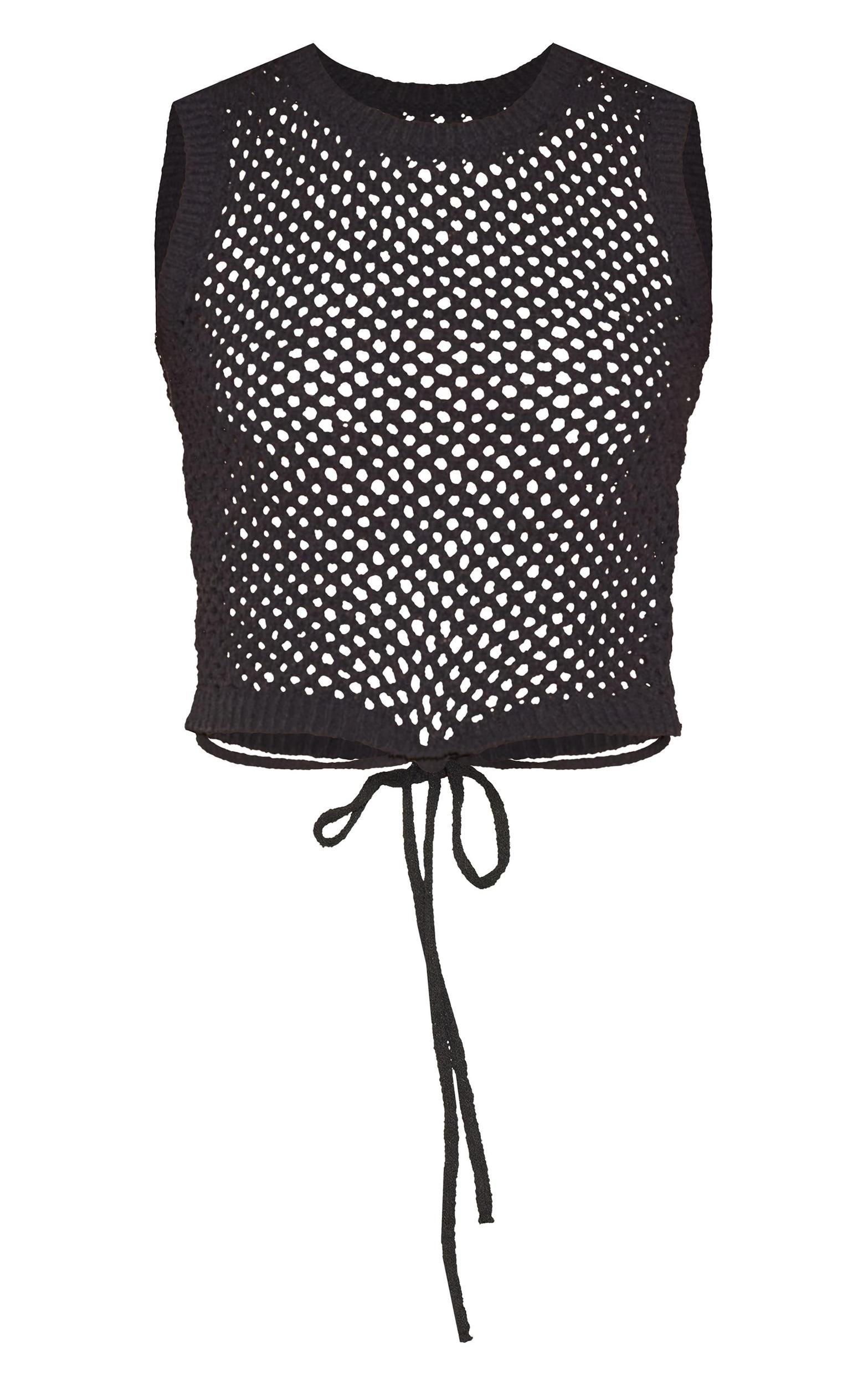 Black Textured Crochet Tie Detail Racer Neck Top Product Image