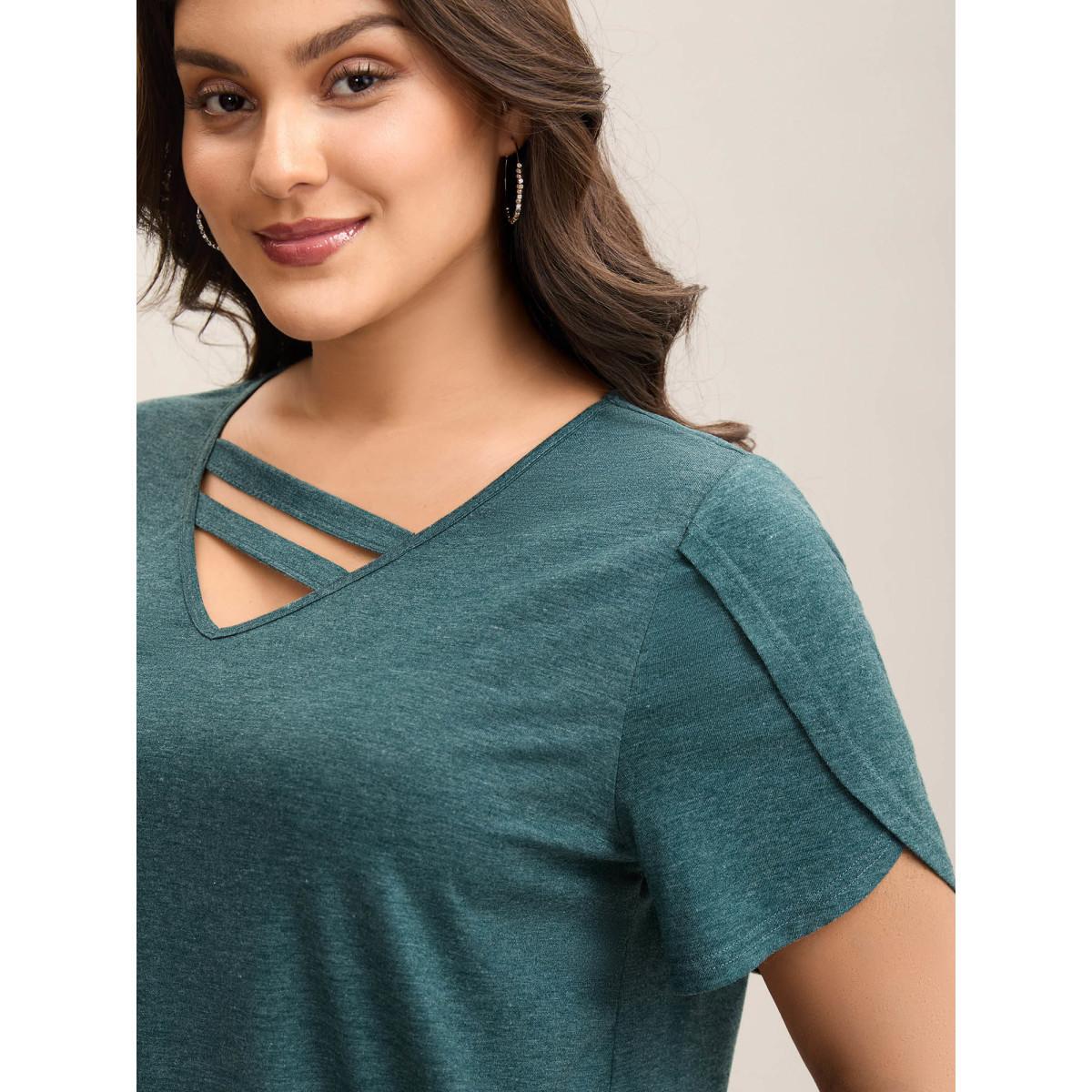 Plus Size Heather Stretchy Neck Cut-Out T-Shirt DarkGreen Women Casual Petal edge V-neck Everyday T-shirts BloomChic 28/5X Product Image