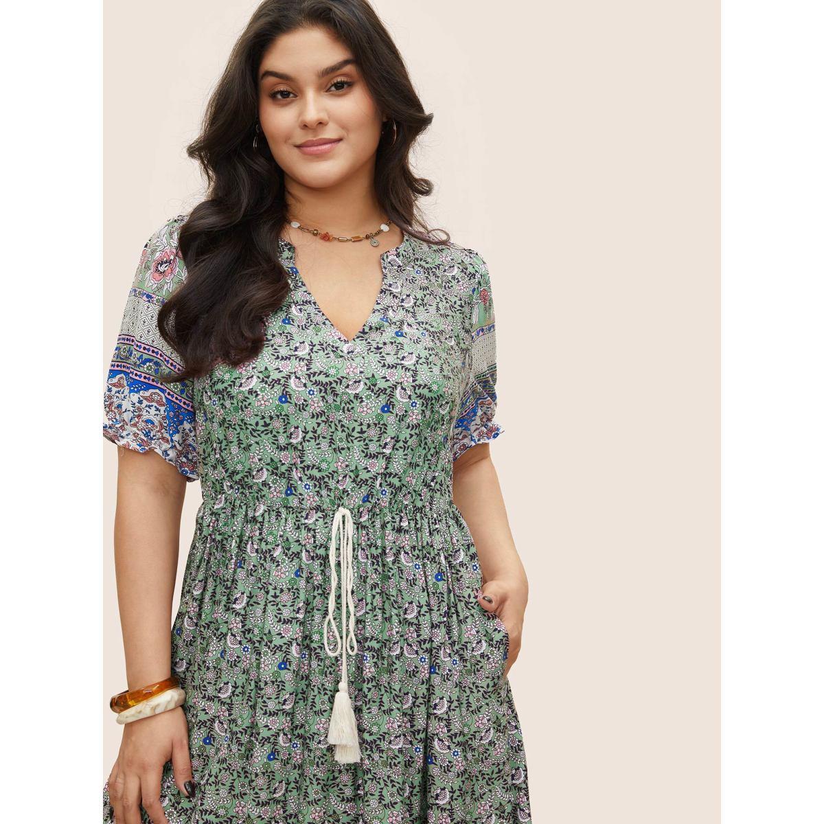 Plus Size Boho Print Notched Ties Tassel Trim Dress Mint Women Resort Non Notched collar Short sleeve Curvy BloomChic 22-24/3X Product Image