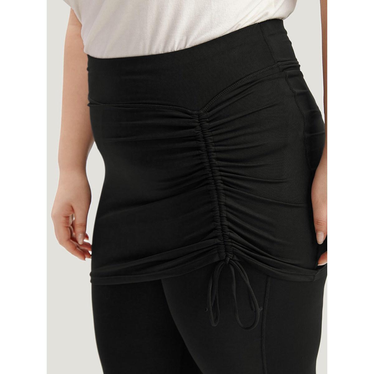 Plus Size Plain Drawstring Gathered Paperbag Waist Leggings Women Black Casual High stretch Skinny High Rise Dailywear Leggings BloomChic 30/6X Product Image