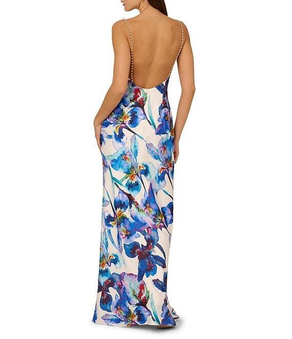 Adrianna by Adrianna Papell Satin Floral Print Cowl Neck Sleeveless Rhinestone Straps Slip Maxi Dress Product Image