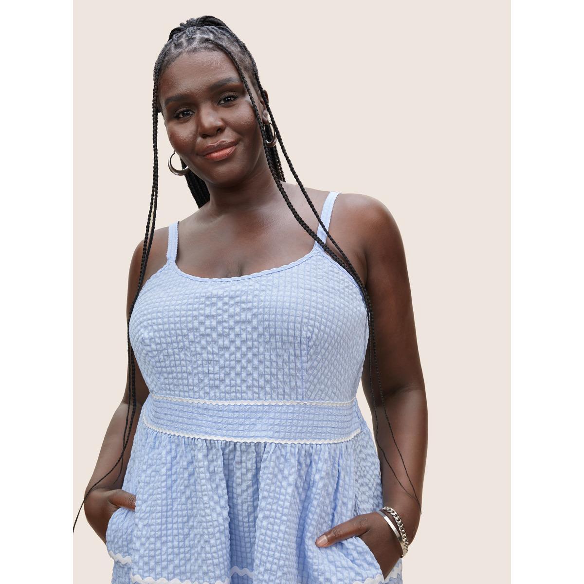 Plus Size Textured Patchwork Shirred Pocket Cami Dress LightBlue Women Casual Texture Non Sleeveless Curvy BloomChic 22-24/3X Product Image